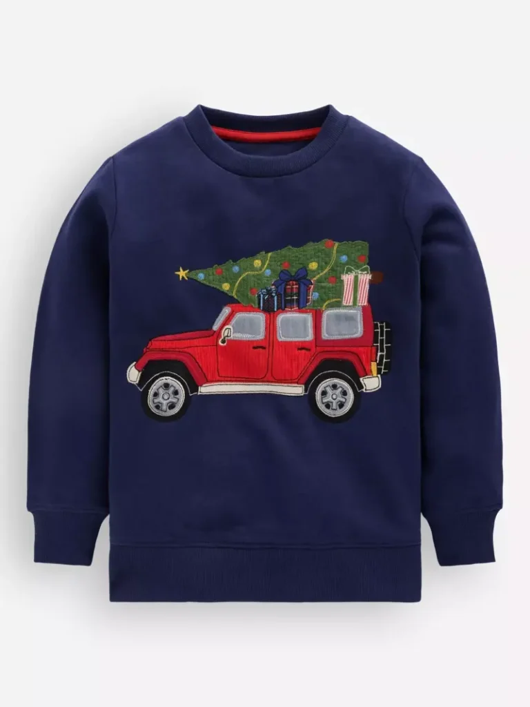 Mini Boden Kids' Christmas Tree Car Applique Sweatshirt, Blue/Multi from John Lewis