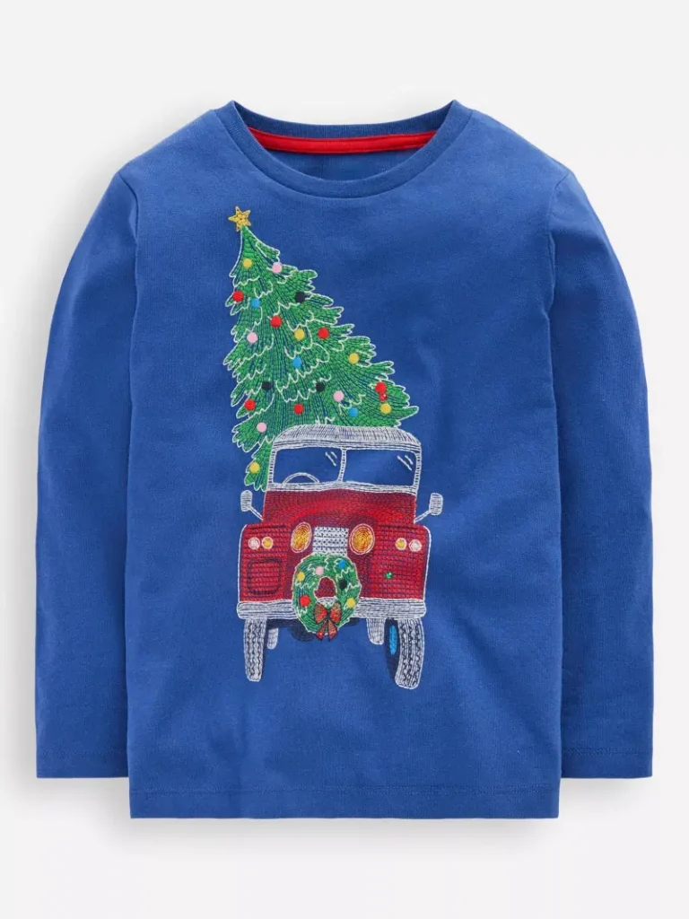 Mini Boden Kids' Cotton Glow-in-the in Dark Superstitch T-Shirt, Blue Christmas Car from John Lewis