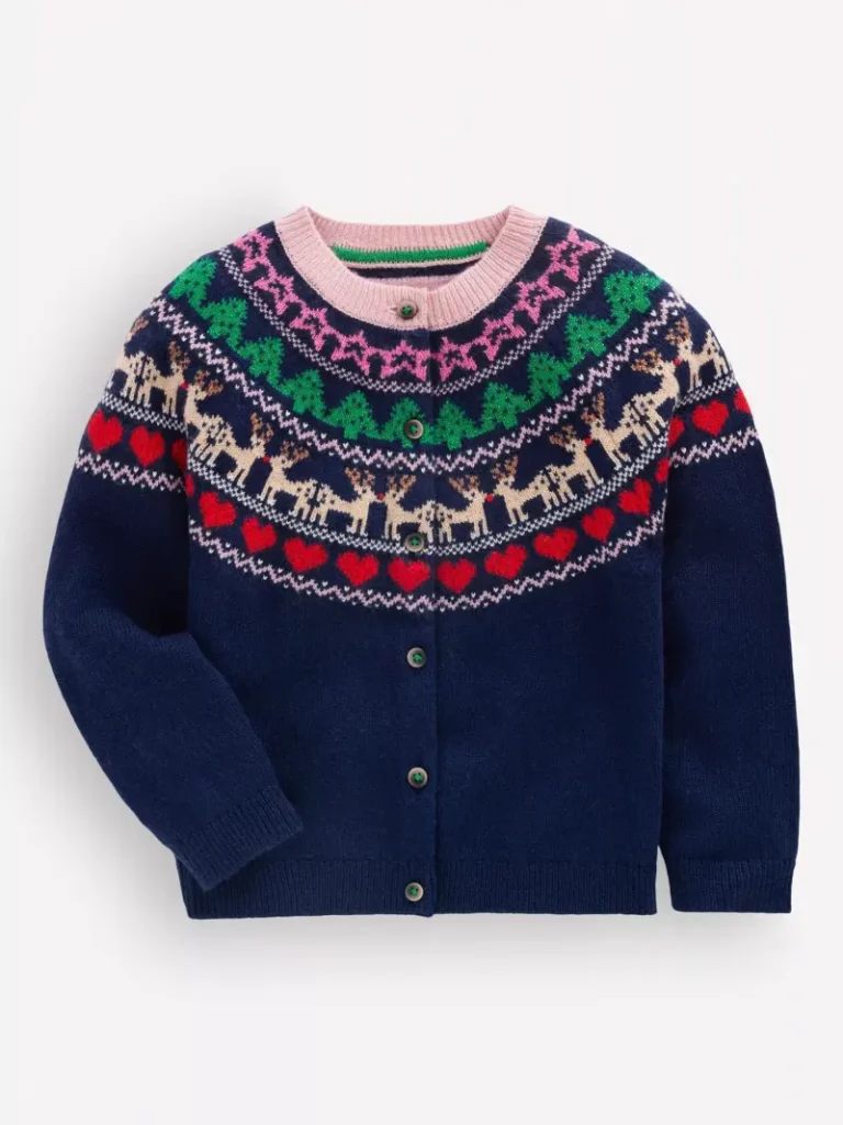 Mini Boden Kids' Edie Fair Isle Cardigan, Blue Sparkle/Multi Christmas jumper from John Lewis