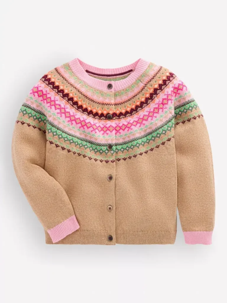 Mini Boden Kids' Edie Fair Isle Cardigan, Camel/Multi Christmas jumper from John Lewis