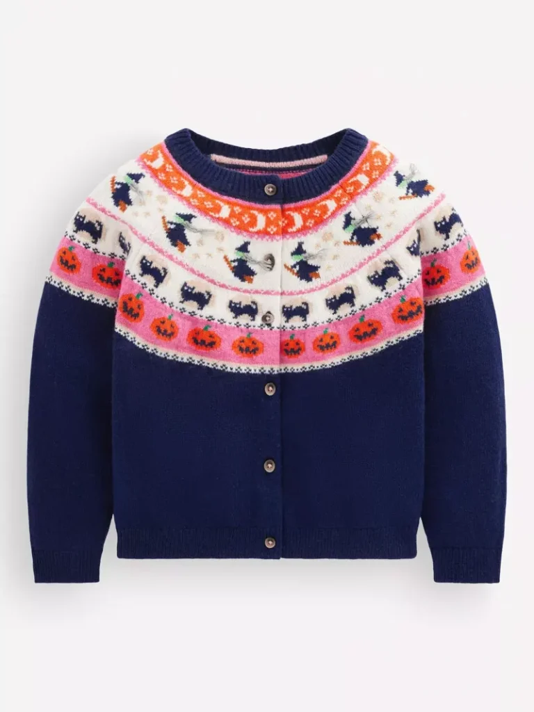 Mini Boden Kids' Edie Fair Isle Cardigan, Navy/Multi Christmas jumper from John Lewis