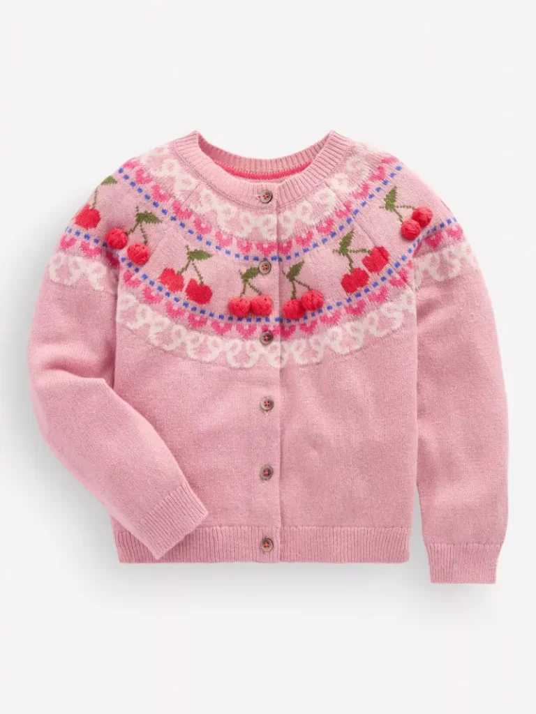 Mini Boden Kids' Edie Fair Isle Round Neck Cardigan, Pink Cherries Christmas jumper from John Lewis