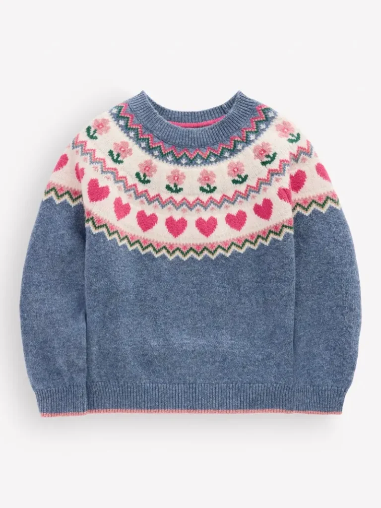 Mini Boden Kids' Eleanor Fair Isle Jumper, Blue Marl Christmas jumper from John Lewis