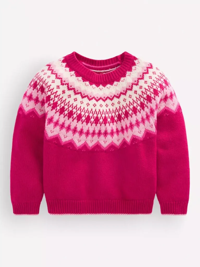 Mini Boden Kids' Eleanor Fair Isle Round Neck Jumper, Sweet Cherry Christmas jumper from John Lewis