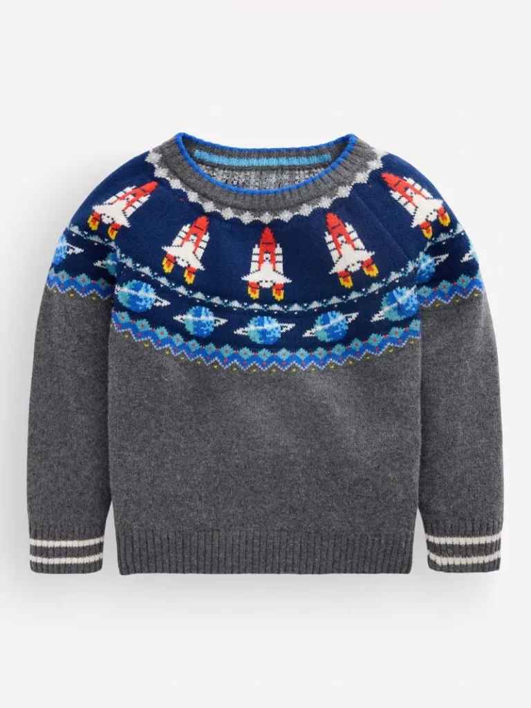 Mini Boden Kids' Round Neck Fair Isle Jumper, Charcoal Marl Space Christmas jumper from John Lewis