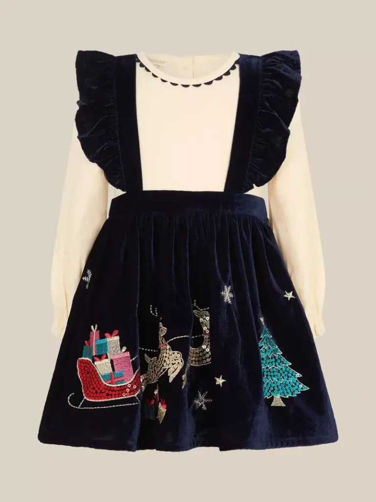 Monsoon Baby Christmas Sequin Pinafore and Top Set, Navy from John Lewis