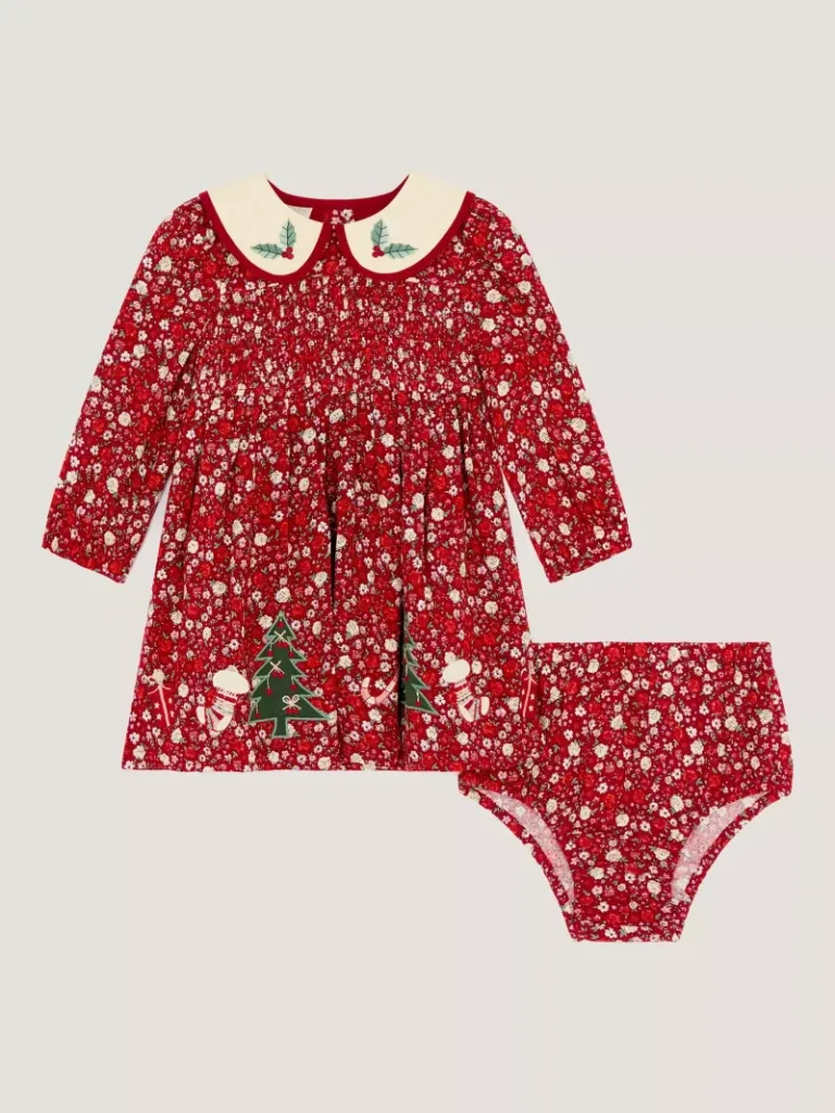 Monsoon Baby Ditsy Floral Christmas Dress & Bloomers Set, Pink from John Lewis
