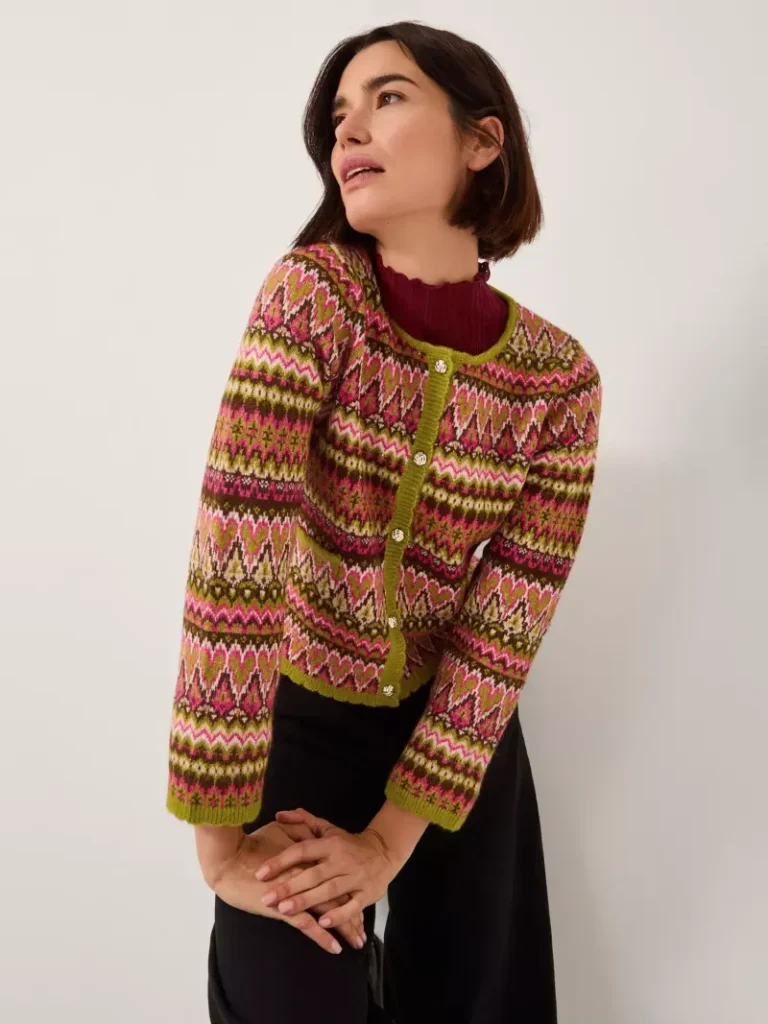Monsoon Fiona Fair Isle Cardigan, Pink/Multi Christmas jumper from John Lewis