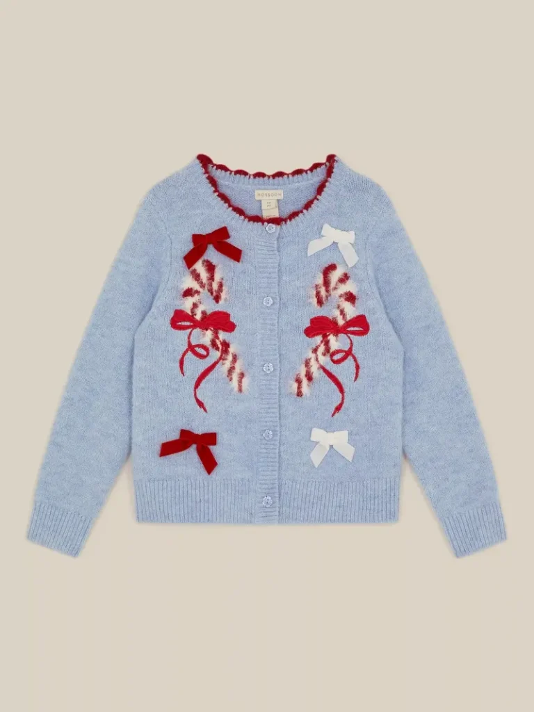 Monsoon Kids' Candy Cane Christmas Cardigan, Blue from John Lewis