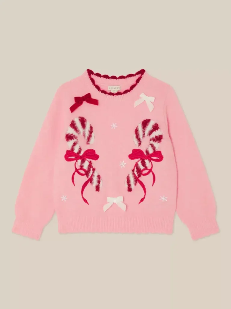Monsoon Kids' Christmas Candy Cane Jumper, Pink from John Lewis