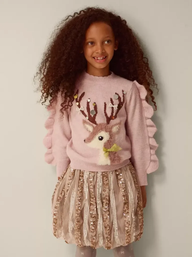 Monsoon Kids' Christmas Dahlia Reindeer Jumper, Pink from John Lewis