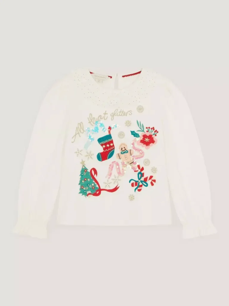Monsoon Kids' Christmas Glitter T-Shirt, Ivory from John Lewis