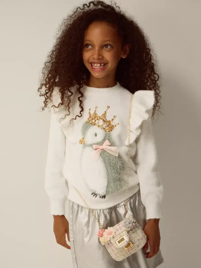 Monsoon Kids' Frill Shoulder Penguin Jumper, Ivory Christmas jumper from John Lewis