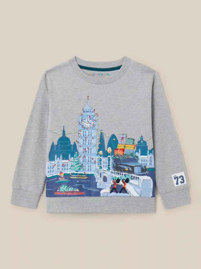 Monsoon Kids' London Graphic Christmas Sweatshirt, Grey from John Lewis