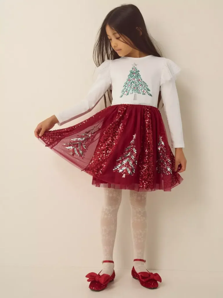 Monsoon Kids' Long Sleeve Sequin Christmas Tree Dress, Ivory from John Lewis