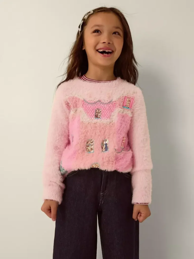 Monsoon Kids' Ombre Sequin Christmas House Jumper, Pink from John Lewis