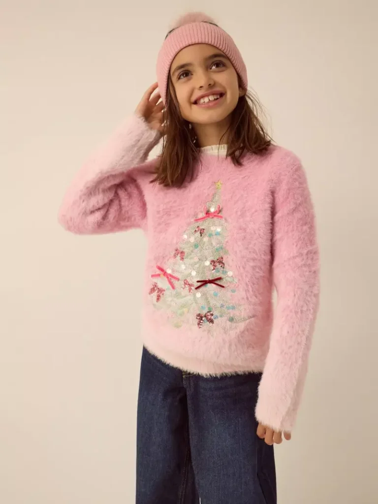 Monsoon Kids' Ombre Sequin Christmas Tree Jumper, Pink from John Lewis