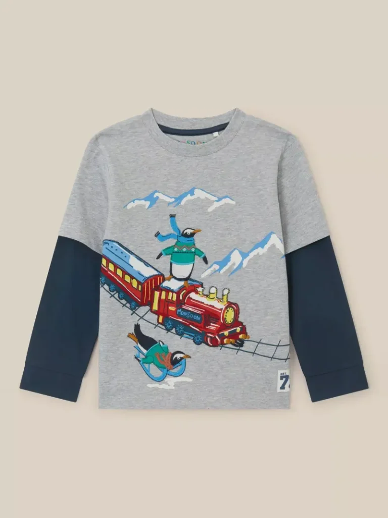 Monsoon Kids' Penguin Embroidered Christmas Long Sleeve Top, Grey from John Lewis