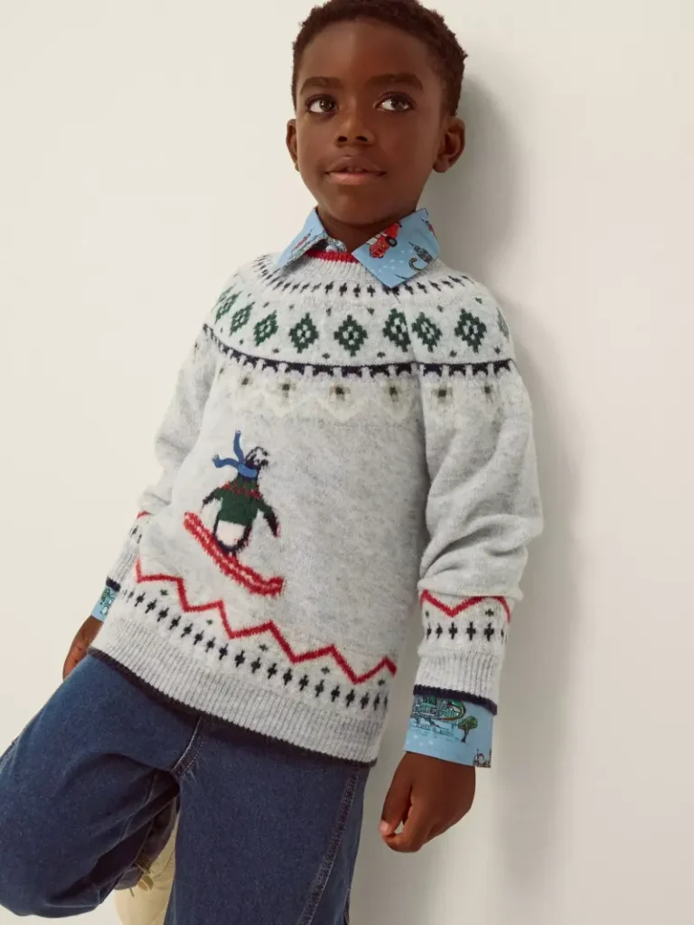 Monsoon Kids' Penguin Fairisle Jumper, Grey Christmas jumper from John Lewis