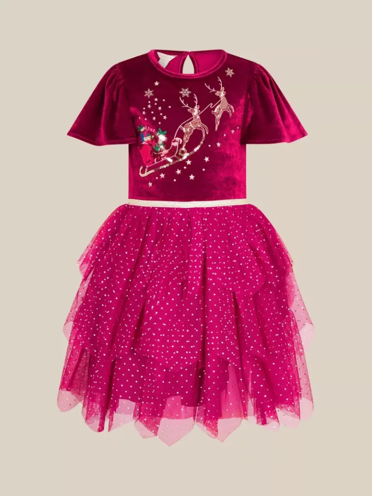Monsoon Kids' Short Sleeve Christmas Reindeer Ruffle Skirt Dress, Burgundy from John Lewis