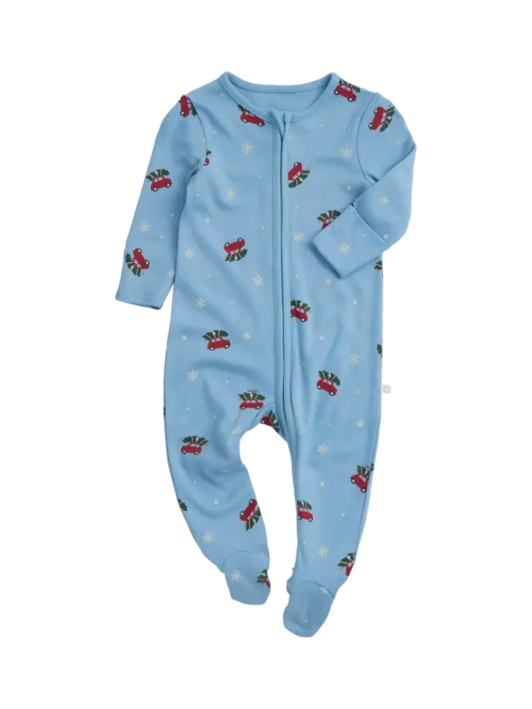 MORI Baby Christmas Car Zip Sleepsuit, Blue/Multi from John Lewis