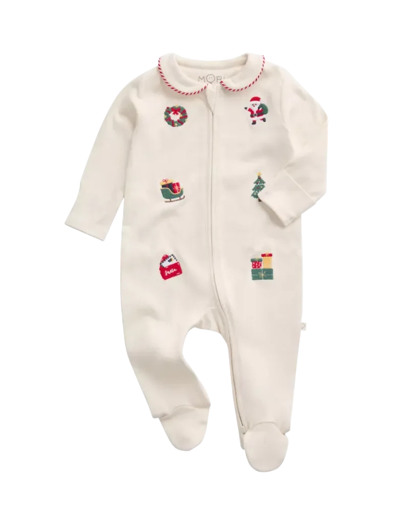 MORI Baby Collared Clever Zip Sleepsuit, Christmas Gardenia from John Lewis