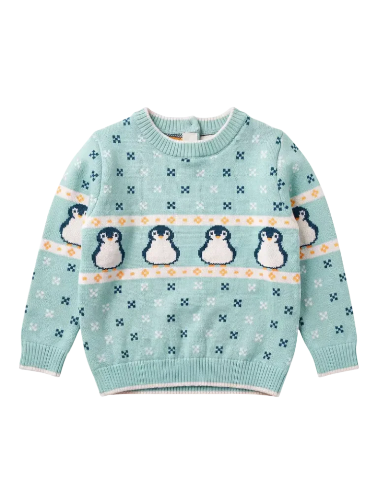 MORI Baby Penguin Fair Isle Jumper, Blue Multi Christmas jumper from John Lewis