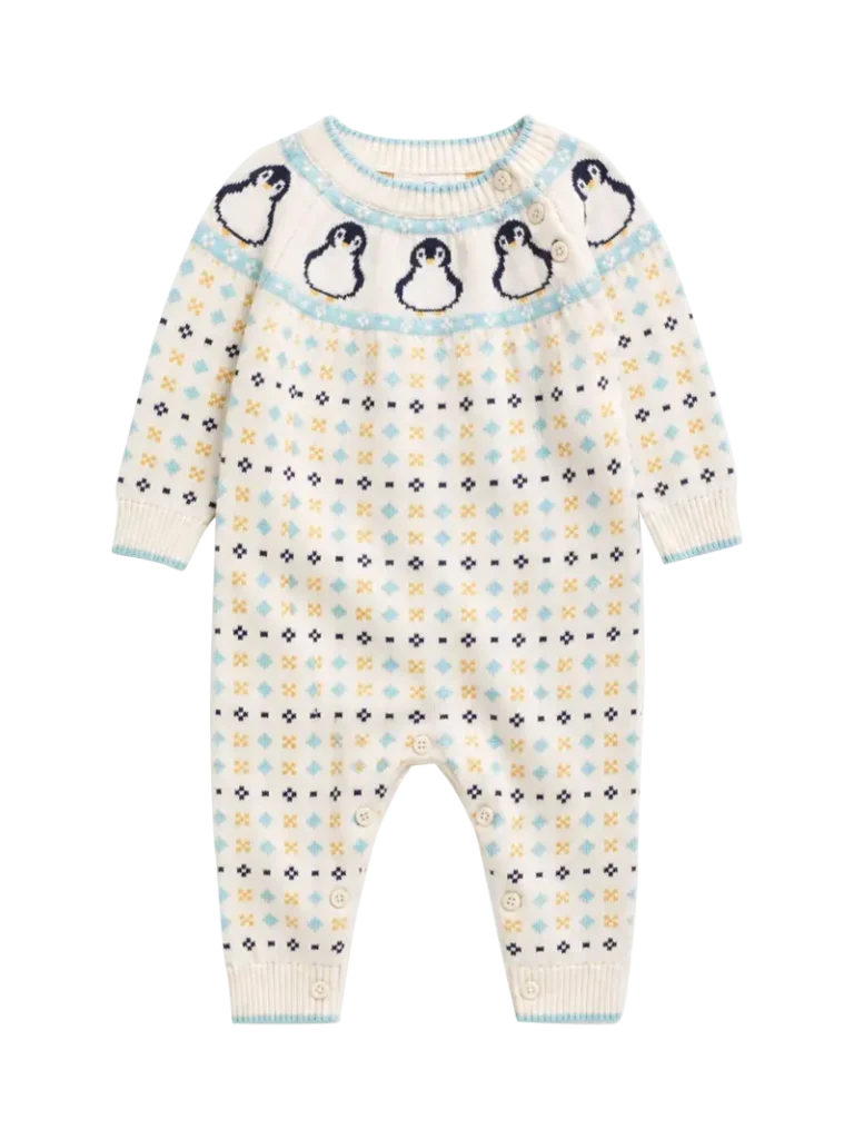 MORI Baby Penguin Fair Isle Knitted Jumpsuit, Multi Christmas jumper from John Lewis