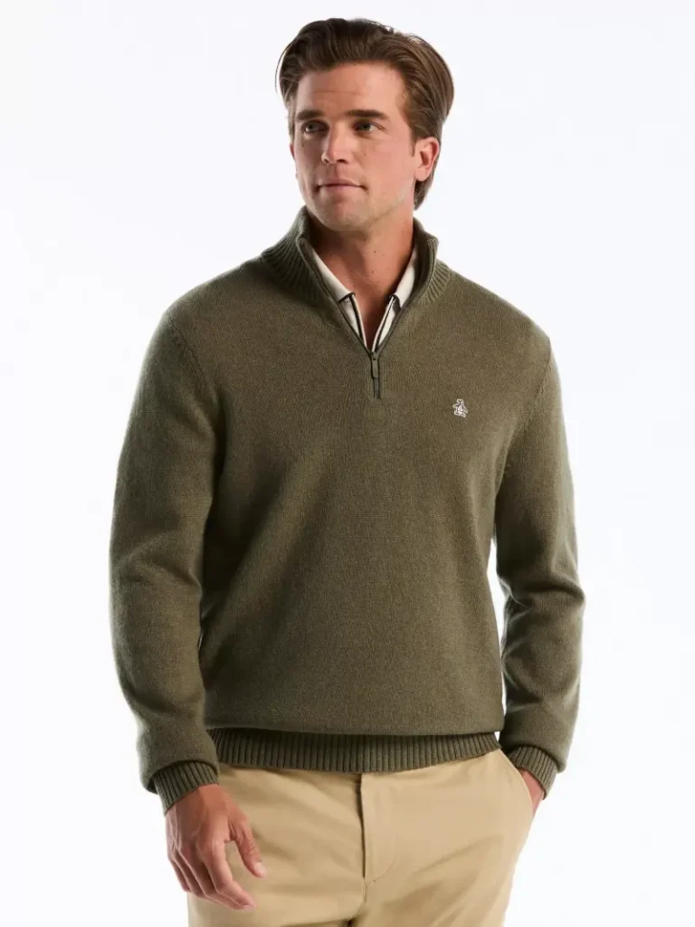 Original Penguin Wool Zip Neck Sweatshirt, Dusty Olive Christmas jumper from John Lewis
