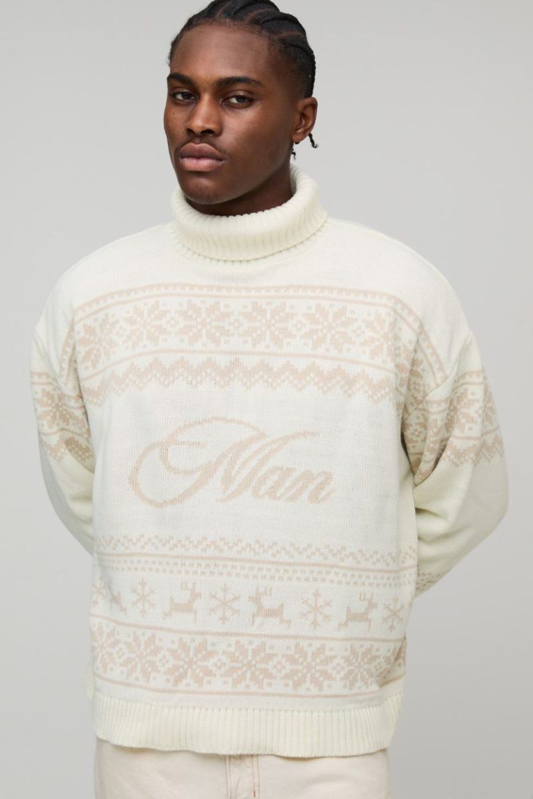 Oversized Boxy Roll Neck Christmas Fair Isle Knitted Jumper from Boohoo