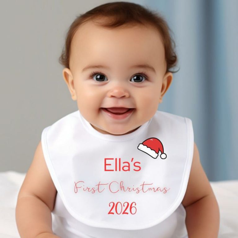 Personalised First Christmas Santa Hat Baby Bib with Name from Debenhams