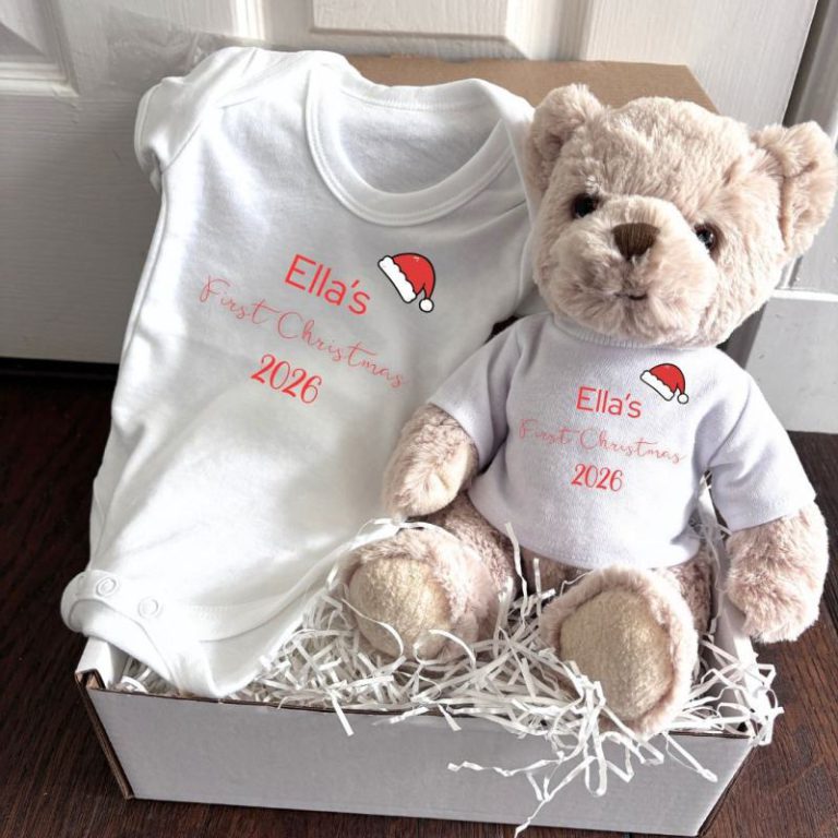 Personalised First Christmas Santa Hat Baby Gift Hamper in Teddy & Vest from Debenhams