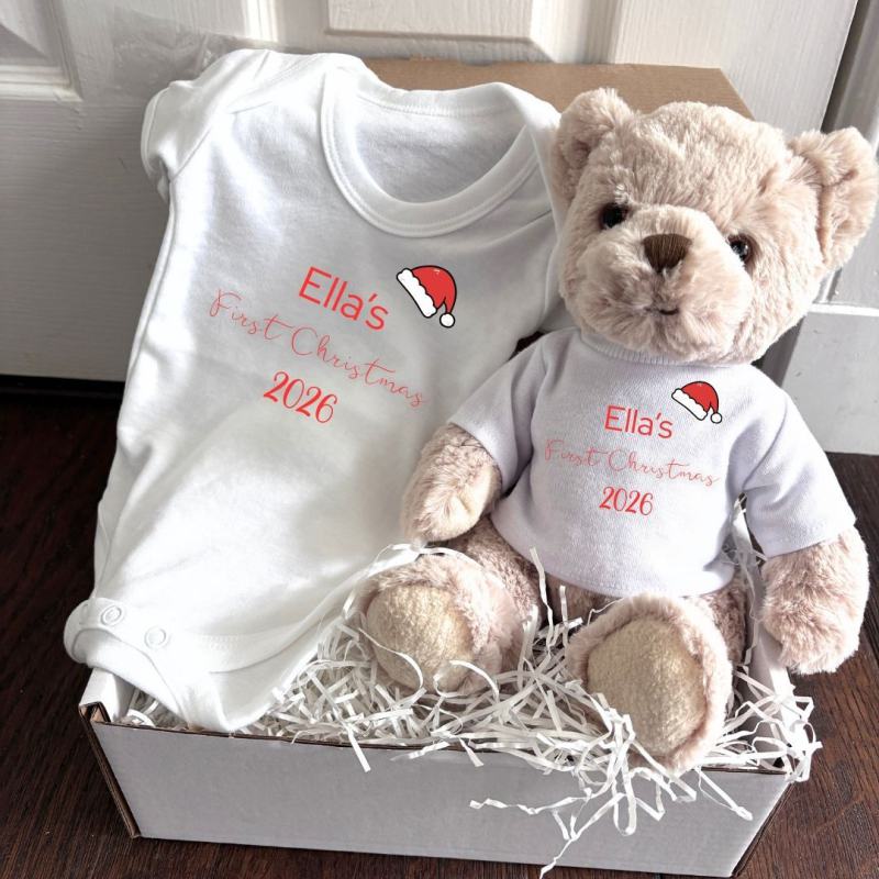 Personalised First Christmas Santa Hat Baby Gift Hamper in Teddy & Vest from Debenhams