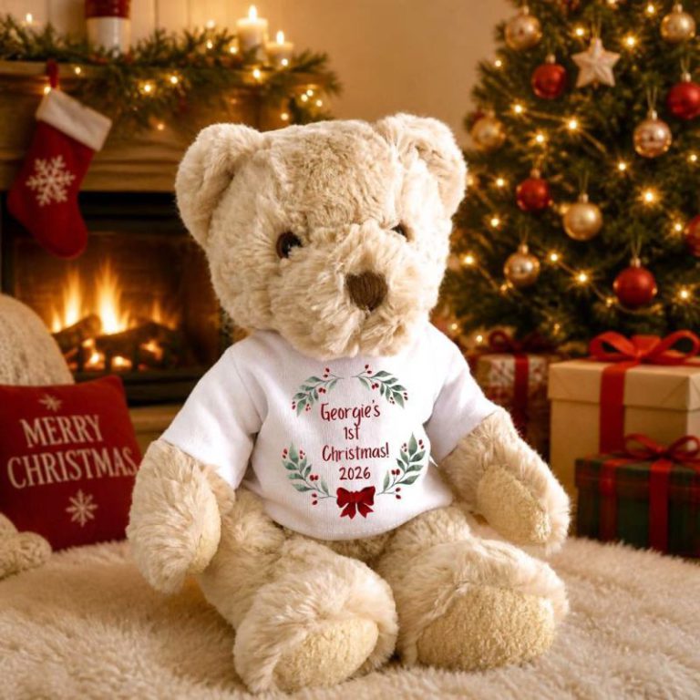 Personalised Luxury Teddy Bear with 1st Christmas Red Bow with T-Shirt from Debenhams