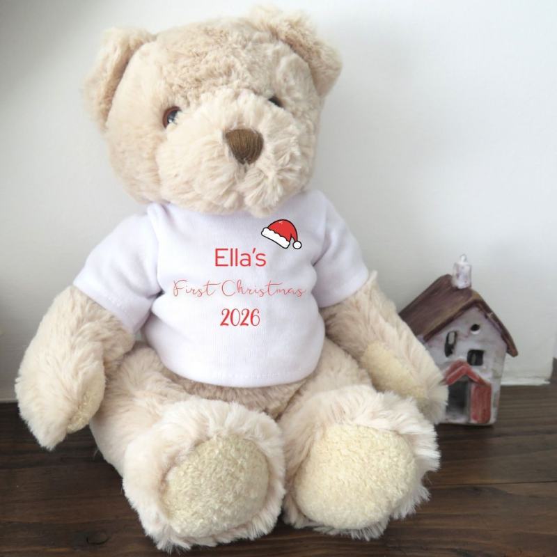 Personalised Luxury Teddy Bear with First Christmas Santa Hat T-Shirt from Debenhams