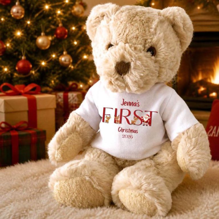 Personalised Luxury Teddy Bear with First Christmas Santa Team T-Shirt from Debenhams