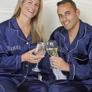 Personalised Matching Couples Christmas Navy Satin Pyjamas from Not On The High Street