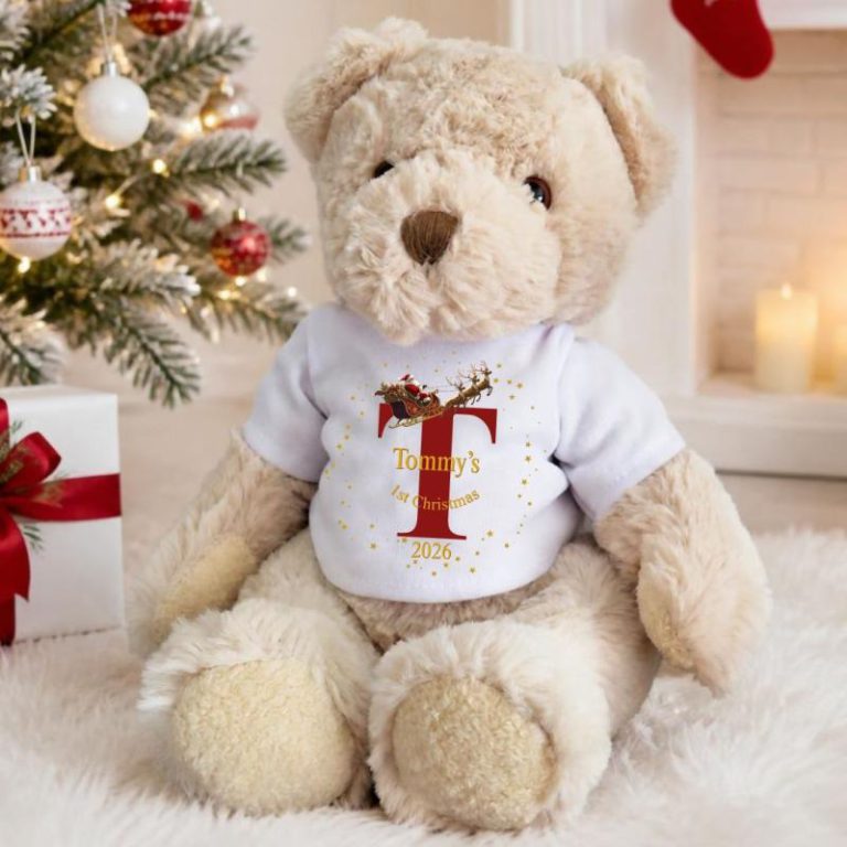 Personalised Teddy Bear 1st Christmas Santa Sleigh & Initial T-Shirt from Debenhams