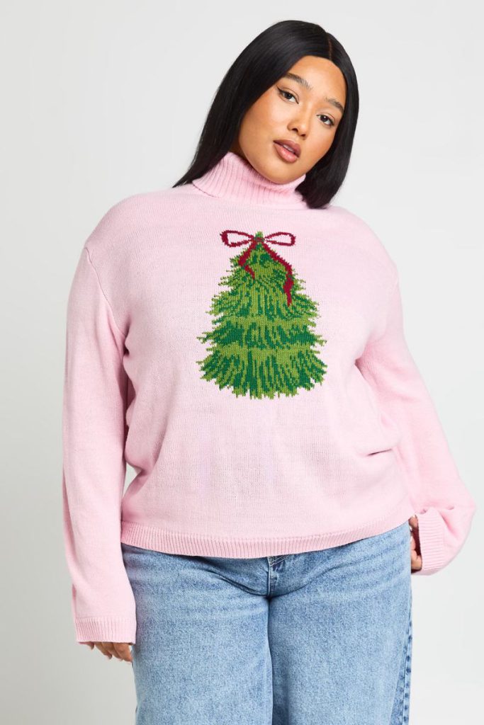 Plus Bow Christmas Tree Roll Neck Jumper from Boohoo