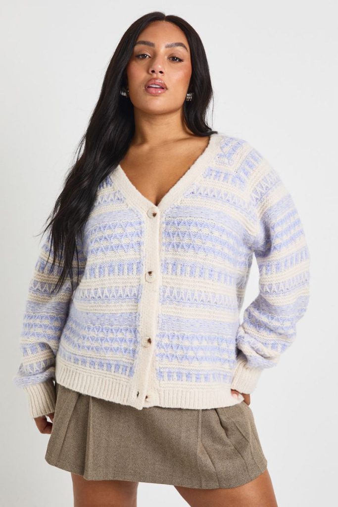 Plus Chunky Knit Fairisle Stripe Oversized Boyfriend Cardigan Christmas jumper from Boohoo