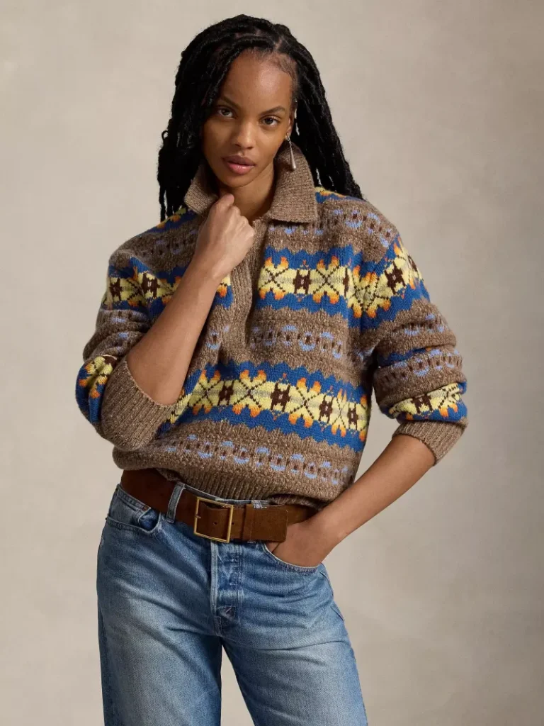 Polo Ralph Lauren Fair Isle Wool Blend Polo Jumper, Tan/Multi Christmas jumper from John Lewis