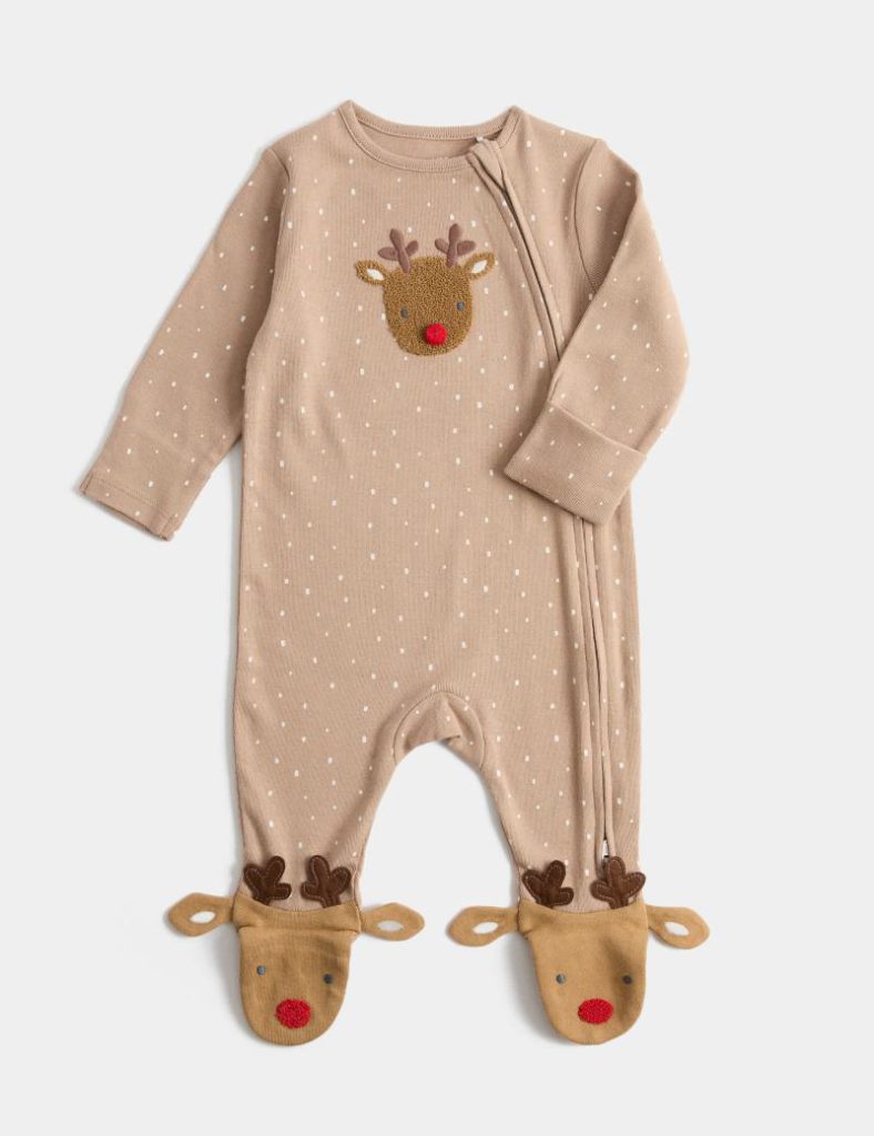 Pure Cotton Christmas Reindeer Sleepsuit (7lbs - 12 Mths) from Marks & Spencer