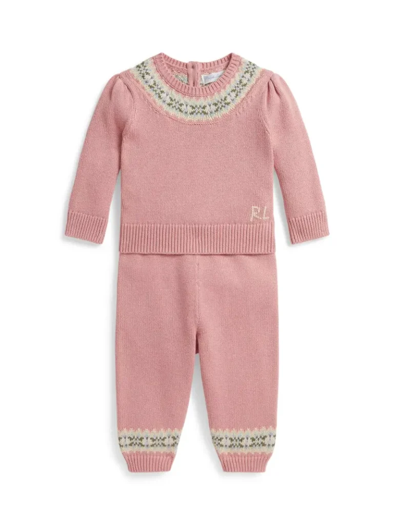 Ralph Lauren Baby Fair Isle Knitted Jumper and Trouser Set, Pink Multi Christmas jumper from John Lewis