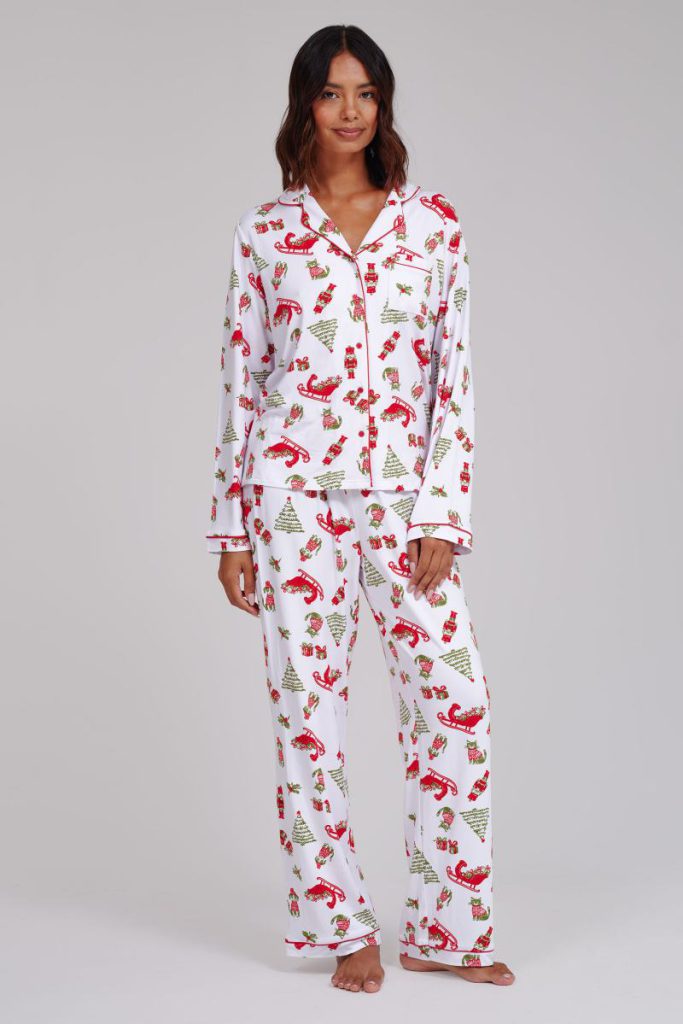 Retro Christmas Super Soft Long Sleeve Button Through Pyjama Set from Boohoo