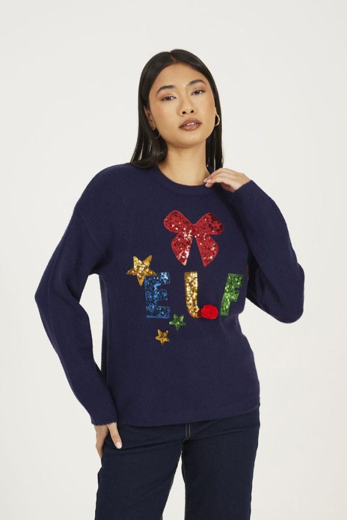 Sequin Embellished Elf Christmas Jumper from Boohoo