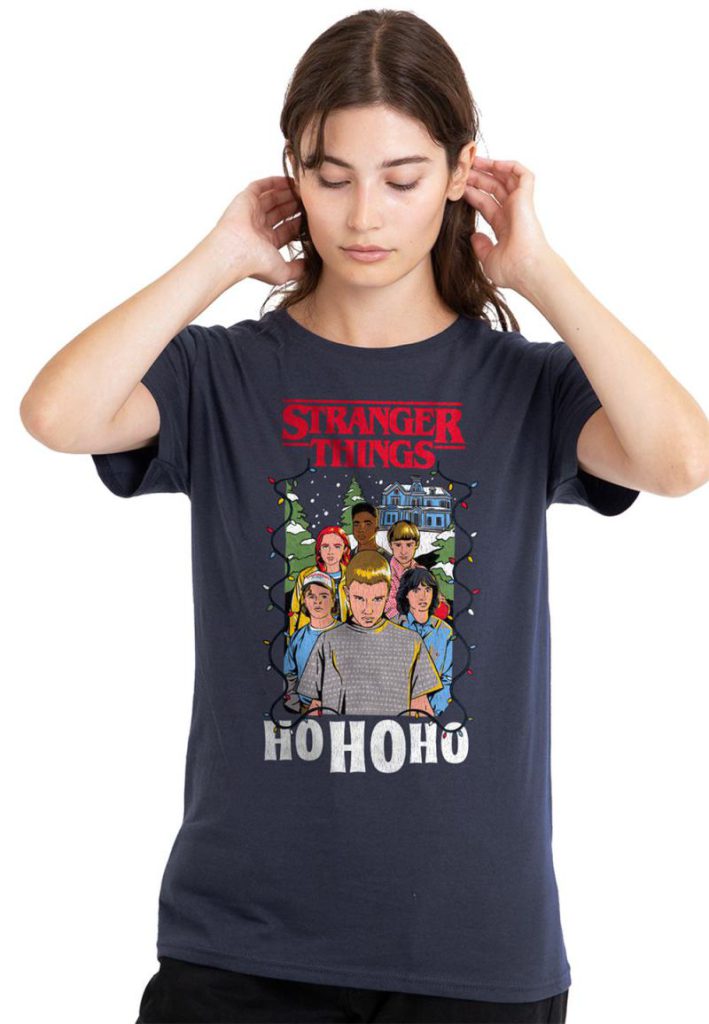 Stranger Things Group Ho Ho Ho Christmas Ladies T Shirt, Deep Navy from Debenhams