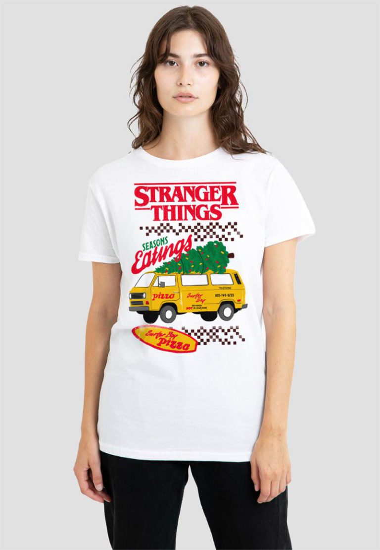 Stranger Things Seasons Eatings Pizza Van Christmas Ladies T Shirt, White from Debenhams