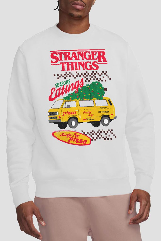 Stranger Things Seasons Eatings Pizza Van Christmas Sweatshirt, White from Debenhams