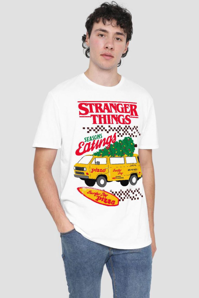 Stranger Things Seasons Eatings Pizza Van Christmas T-Shirt, White from Debenhams