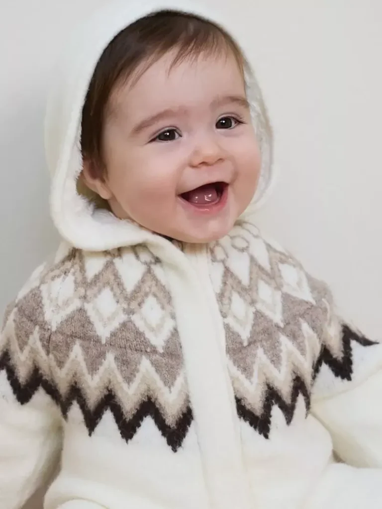 The Little Tailor Baby Fair Isle Knitted Hooded Pramsuit, Cream/Taupe Christmas jumper from John Lewis